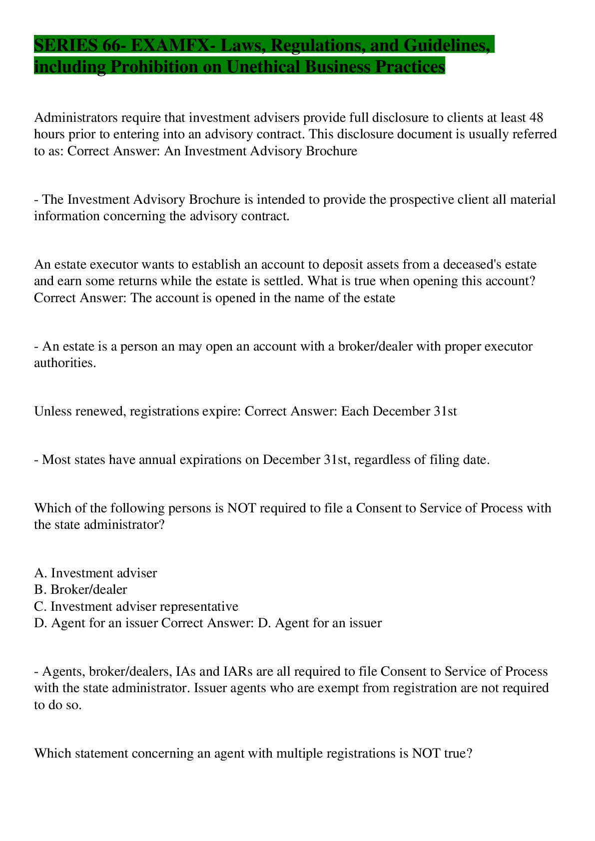 Preview of SERIES 66- EXAMFX- Laws, Regulations, and Guidelines, including Prohibition on Unethical B